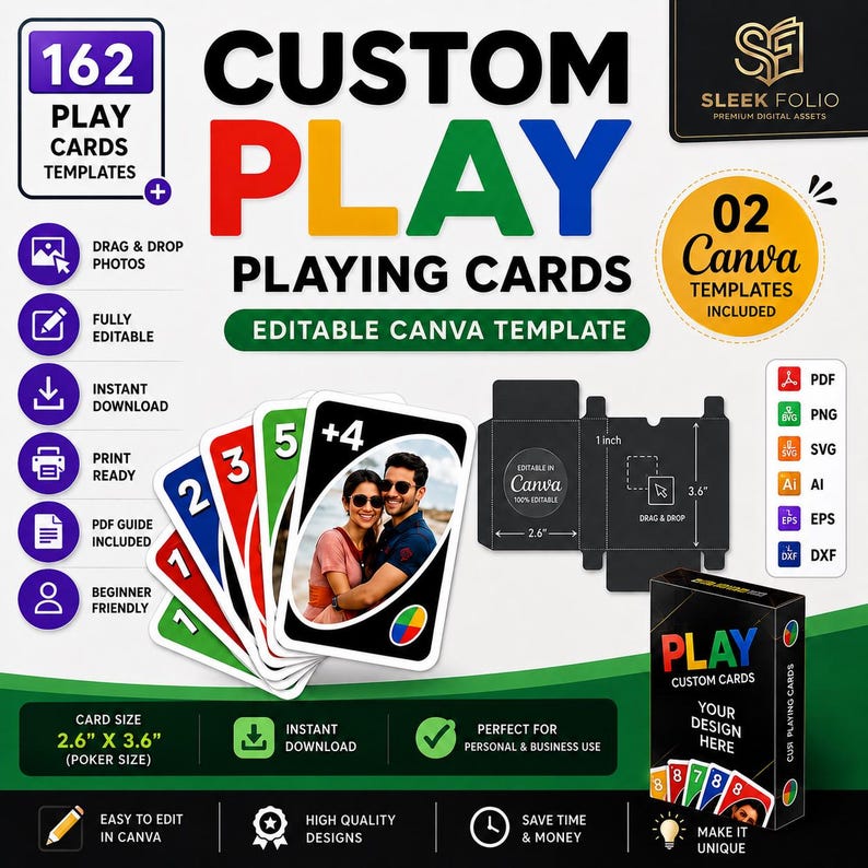 May include: A set of 162 custom playing card templates for Canva, featuring a fan of colorful cards with numbers and a photo, a black box template with 2.6 inch by 3.6 inch dimensions, and a finished deck box design with the text PLAY CUSTOM CARDS.