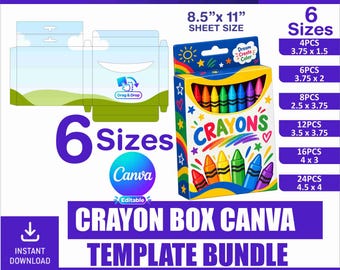May include: A digital template bundle for a crayon box, featuring a colorful box illustration with crayons, six size options ranging from 3.75 x 1.5 to 4.5 x 4 inches, and compatibility with Cricut, Silhouette, and Canva software.