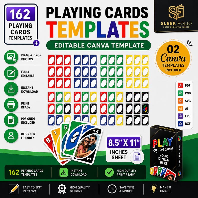 May include: A digital product listing for 162 playing card templates, featuring editable Canva designs, a 8.5 inch by 11 inch sheet size, and various icons for drag and drop photos, instant download, and print ready files with a black card box.