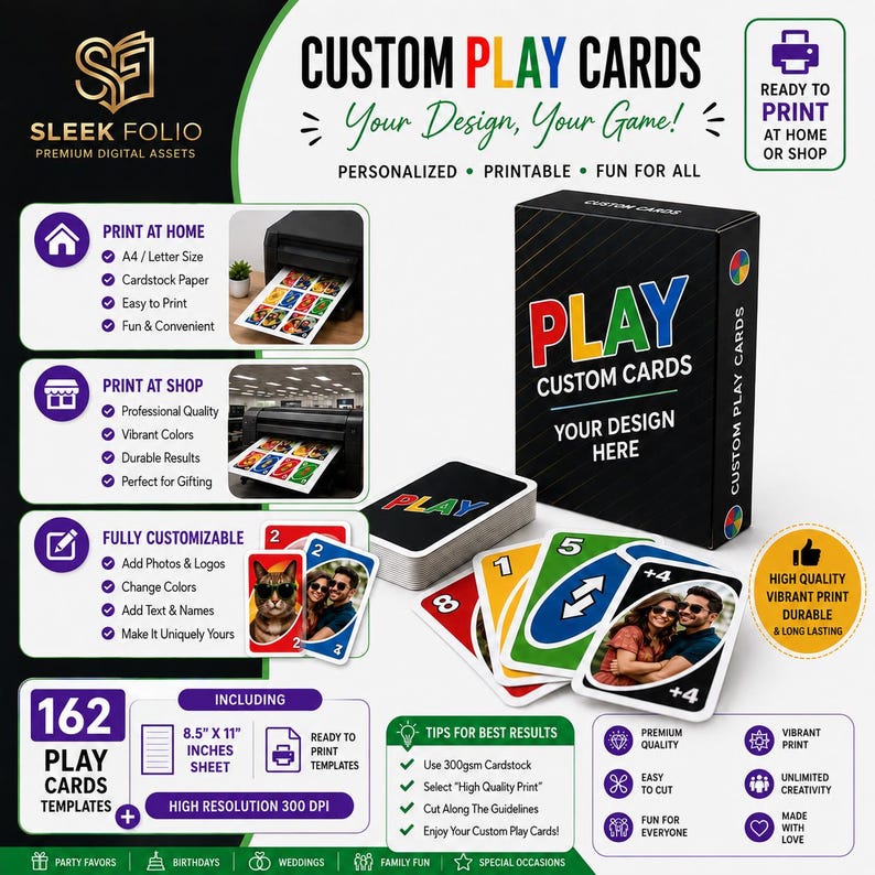 May include: A digital product display for custom playing cards featuring a black box with the text PLAY CUSTOM CARDS, a stack of cards, and individual cards with photos. Includes instructional text, icons, and 162 templates on 8.5 x 11 inch sheets.