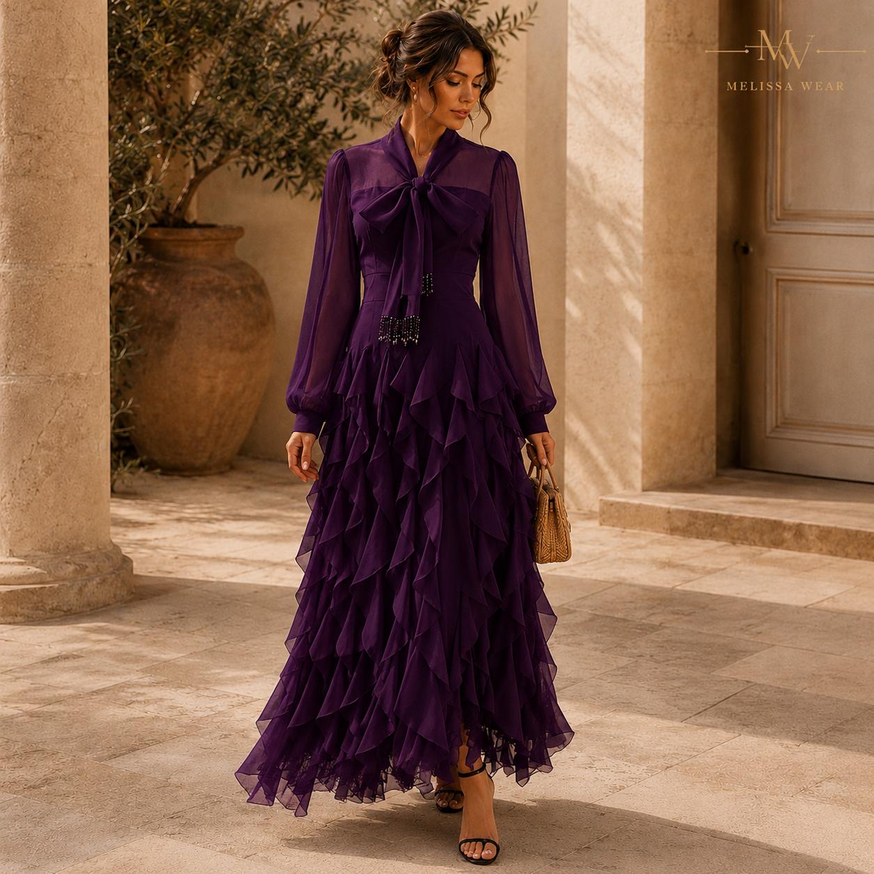 Dark Purple Bridesmaid Dress, Beaded Chiffon Maxi Dress, Long Sleeve Formal Evening Gown, Romantic Wedding Guest Dress