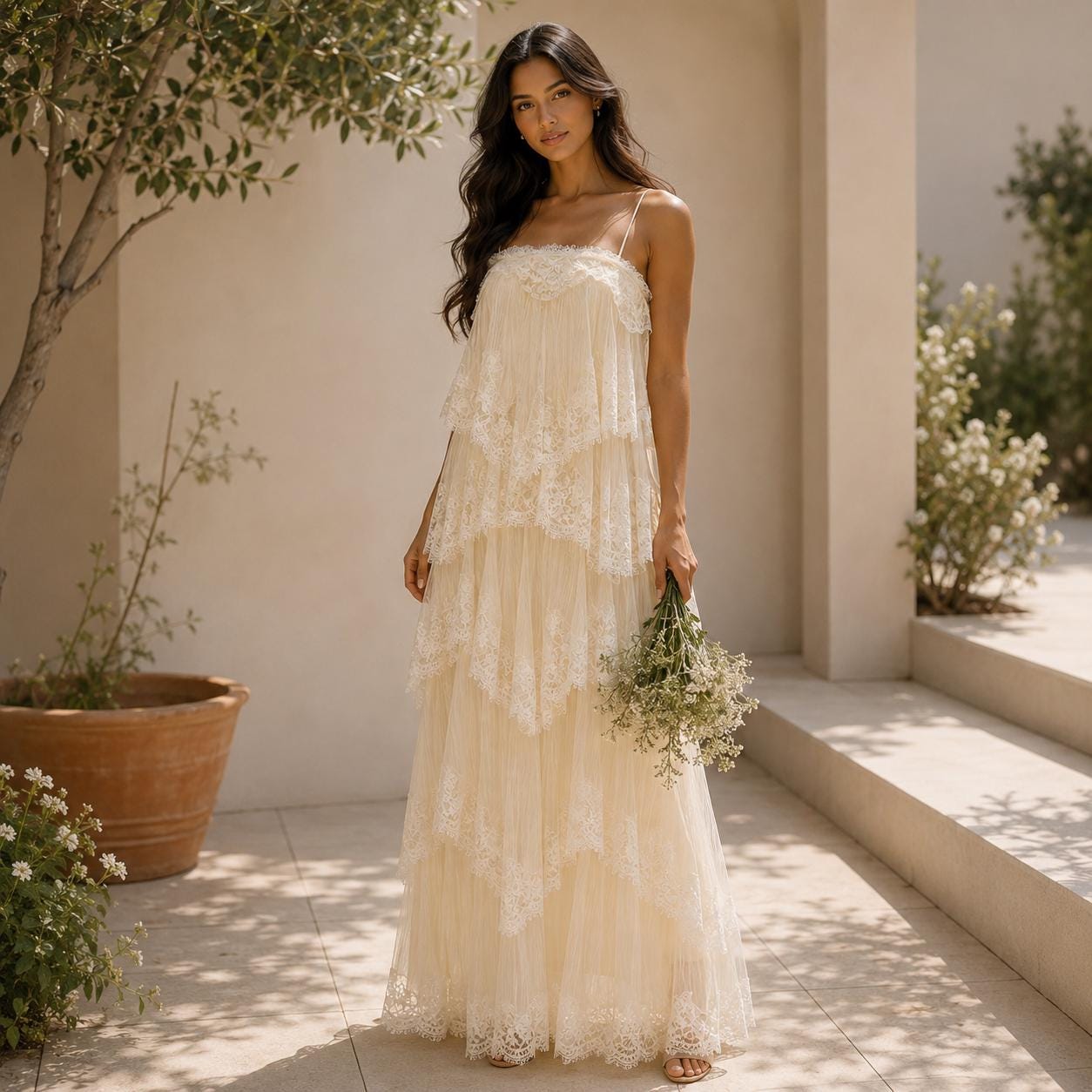 Ivory Lace Ruffle Maxi Dress