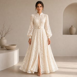 French Lace Maxi Dress Women, Elegant Long Sleeve Formal Dress, Embroidered Wedding Guest Dress in Red Blue Pink