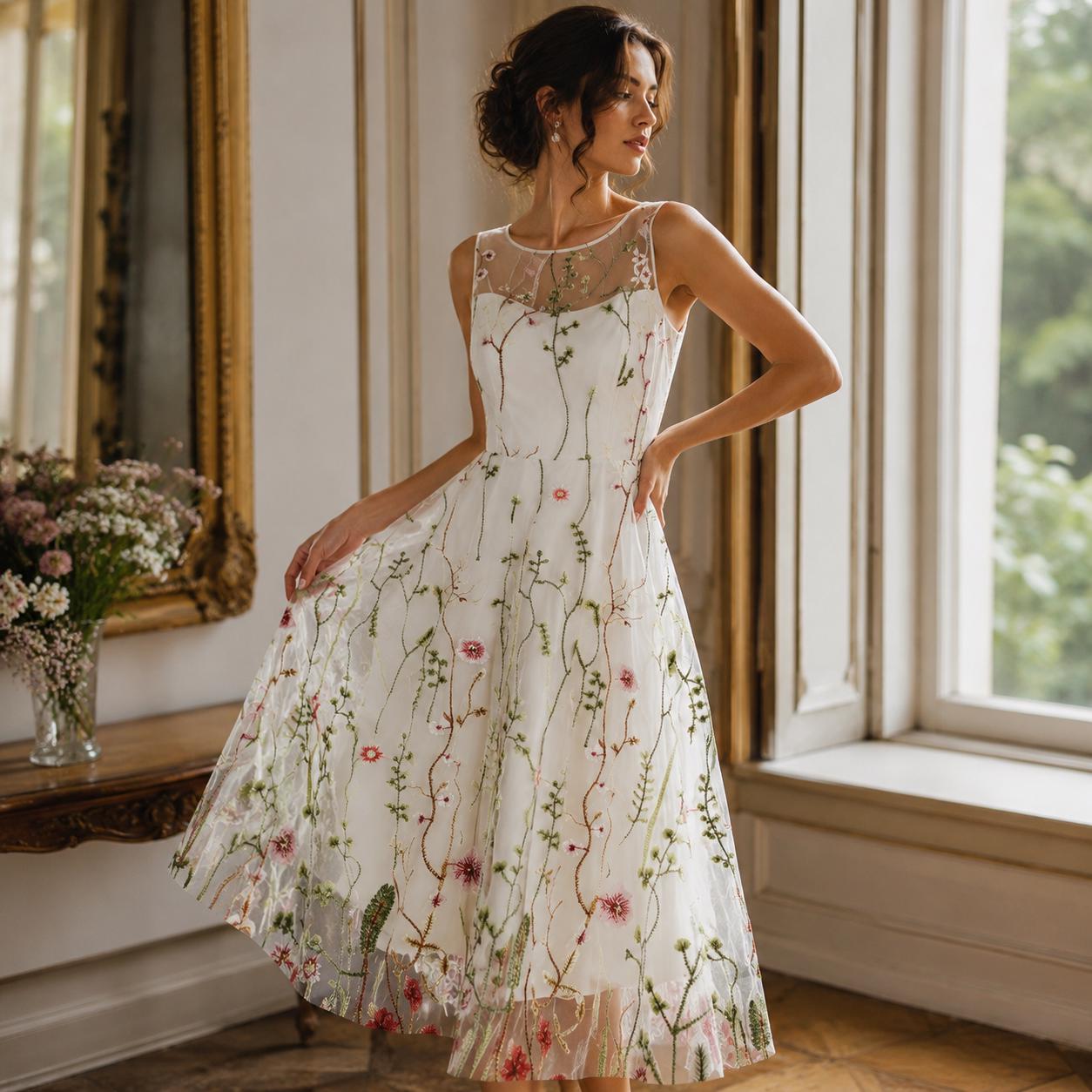 vintage wedding dresses etsy Blush Tea Length Dress with Illusion Neck This dress can be worn to Titanic wedding or dinner Summer Vacation Floral Embroidered Midi