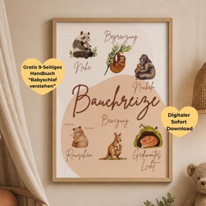 May include: A framed wall art print featuring watercolor illustrations of various animals with their young, including a panda, sloth, gorilla, bear, kangaroo, and fox, accompanied by German text labels and the central title Bauchreize.