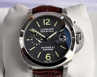 Vintage Panerai Luminor Marina automatique cadran noir bracelet en cuir marron