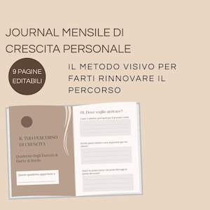 Può includere: Un diario di crescita personale con copertina beige che riporta il testo JOURNAL MENSILE DI CRESCITA PERSONALE, 9 PAGINE EDITABILI e IL METODO VISIVO PER FARTI RINNOVARE IL PERCORSO. Le pagine aperte mostrano IL TUO PERCORSO DI CRESCITA e obiettivi.
