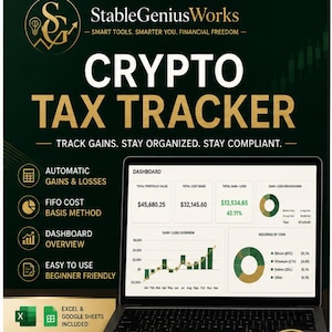 May include: A dark green promotional graphic for a crypto tax tracker. The text reads "Crypto Tax Tracker" and "Track Gains. Stay Organized. Stay Compliant." A laptop displays financial data. Includes a Bitcoin graphic and the words "Instant Download."