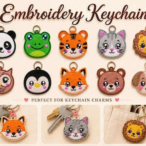 Op de afbeelding: Een collectie van tien geborduurde dieren-sleutelhangers met een panda, kikker, tijger, kat, leeuw, uil, pinguïn, vos, beer en hond. De tekst Embroidery Keychains en PERFECT FOR KEYCHAIN CHARMS is zichtbaar. Drie extra afbeeldingen tonen de sleutelhangers aan sleutels en een tas.