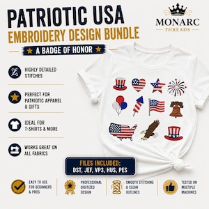 Puede incluir: Una camiseta blanca con una colección de diseños patrióticos bordados que incluyen un sombrero de copa, corazón, estrella, fuegos artificiales, globos, cohete, bandera, la Campana de la Libertad, mapa de EE. UU., águila calva y otro sombrero de copa.