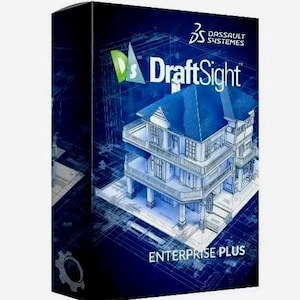 Puede incluir: Una caja de software azul oscuro con el logotipo de Dassault Systèmes y el nombre DraftSight. La caja presenta una ilustración estilo plano de una casa de varios pisos con techo azul. El texto "ENTERPRISE PLUS" se muestra en la parte inferior.