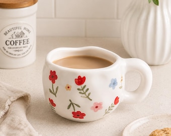 Ceramic Flower Mug for Coffee and Tea with Hand Painted Design