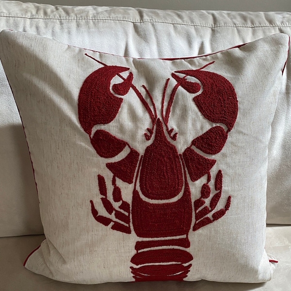 Embroidered Nautical Lobster Decor Pillow Cover,Square 20 Inches Decorative Pillow Cover
