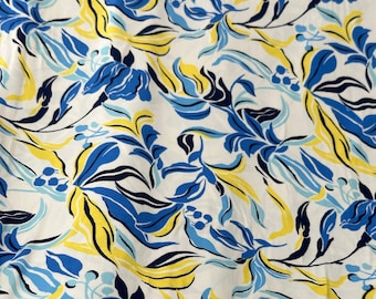 Double Brushed Polyester Knit: Blue/ Yellow Floral Abstract By The Yard