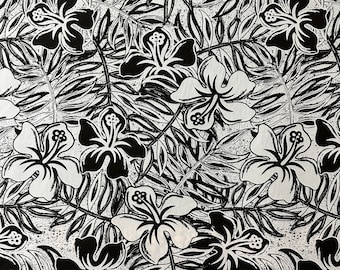 Black and White Tropical Hawaiian Hibiscus Flowers Printed Cotton Blend Fabric