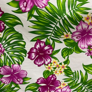 Tropical Hawaiian Monstera Leaf Hibiscus Flowers Printed Cotton Fabric