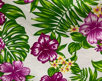 Tropical Hawaiian Monstera Leaf Hibiscus Flowers Printed Cotton Fabric