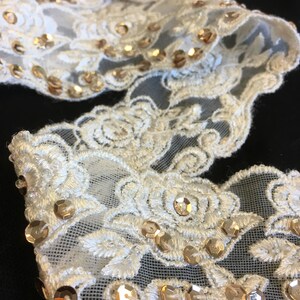 1-7/8 Ivory Lace Trimming with Gold Sequins and Iridescent Seed Beads image 1