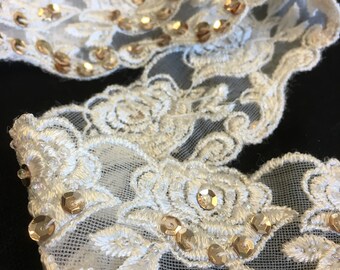 1-7/8" Ivory Lace Trimming with Gold Sequins and Iridescent Seed Beads