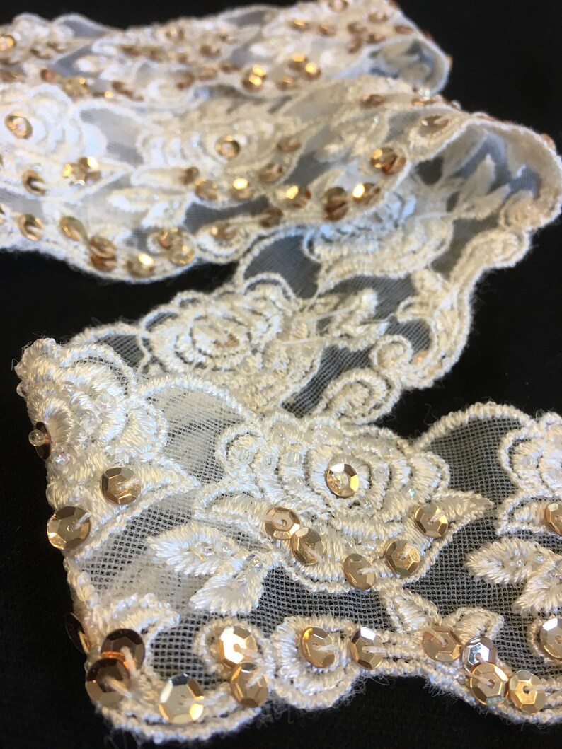 1-7/8 Ivory Lace Trimming with Gold Sequins and Iridescent Seed Beads image 1