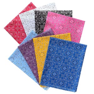 Può includere: Una collezione di dieci bandane in tessuto di forma quadrata con un tradizionale motivo paisley e floreale. Il set comprende vari colori come rosso, bianco, nero, rosa, viola, giallo, azzurro e blu scuro, disposti a ventaglio.