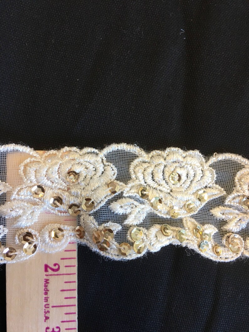 1-7/8 Ivory Lace Trimming with Gold Sequins and Iridescent Seed Beads image 4