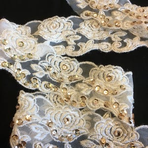 1-7/8 Ivory Lace Trimming with Gold Sequins and Iridescent Seed Beads image 2