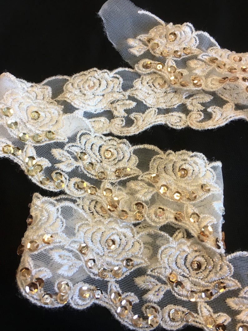 1-7/8 Ivory Lace Trimming with Gold Sequins and Iridescent Seed Beads image 2