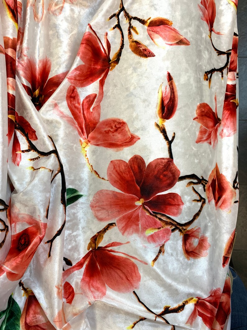 Magnolia Flowers Stretch Velvet Fabric Etsy