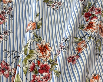 Double Brushed Polyester Knit: Blue Stripes Background with Floral Bouquet By The Yard