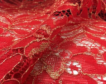 Red and Metallic Gold Alencon Lace Fabric