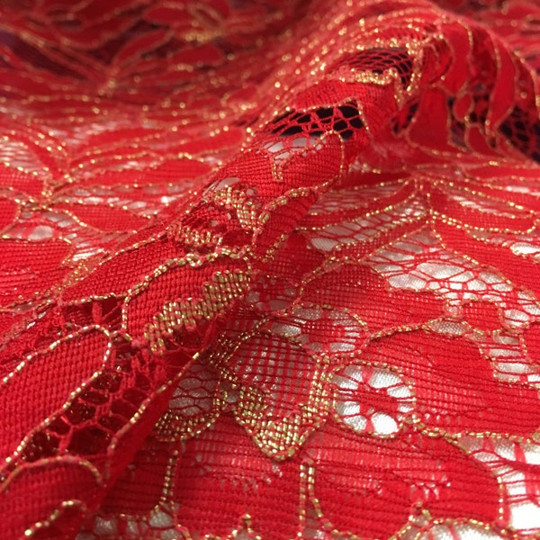 Red and Metallic Gold Alencon Lace Fabric