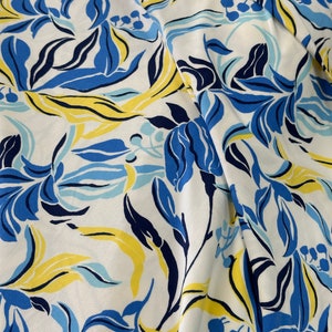 Double Brushed Polyester Knit: Blue/ Yellow Floral Abstract By The Yard image 2