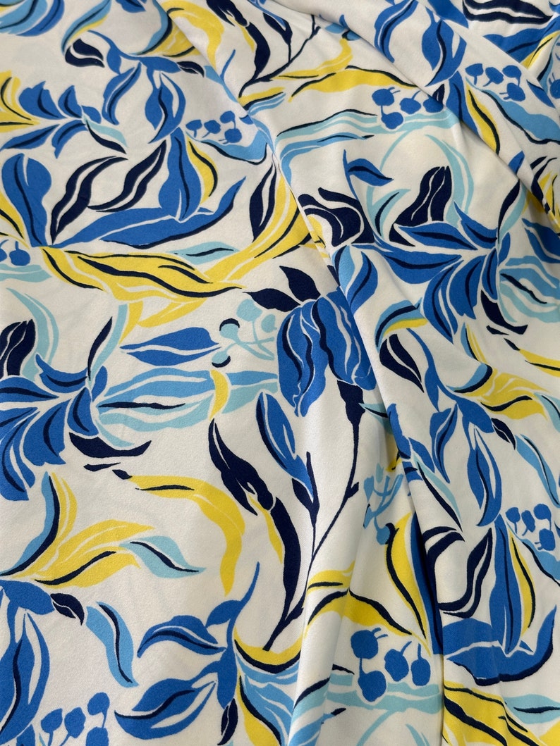 Double Brushed Polyester Knit: Blue/ Yellow Floral Abstract By The Yard image 2