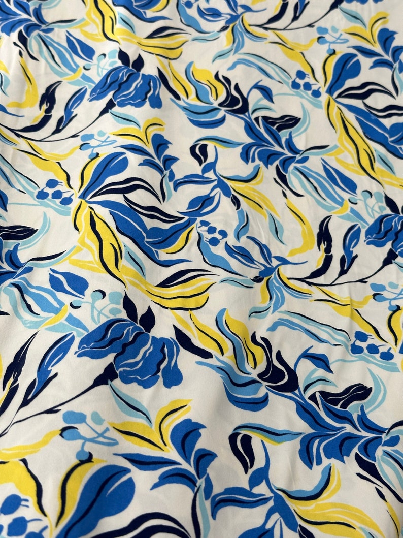 Double Brushed Polyester Knit: Blue/ Yellow Floral Abstract By The Yard image 1