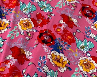 Double Brushed Polyester Knit: Rose Color Background with Multi Floral By The Yard