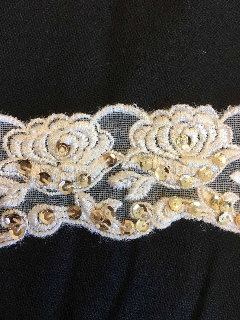 1-7/8 Ivory Lace Trimming with Gold Sequins and Iridescent Seed Beads image 3