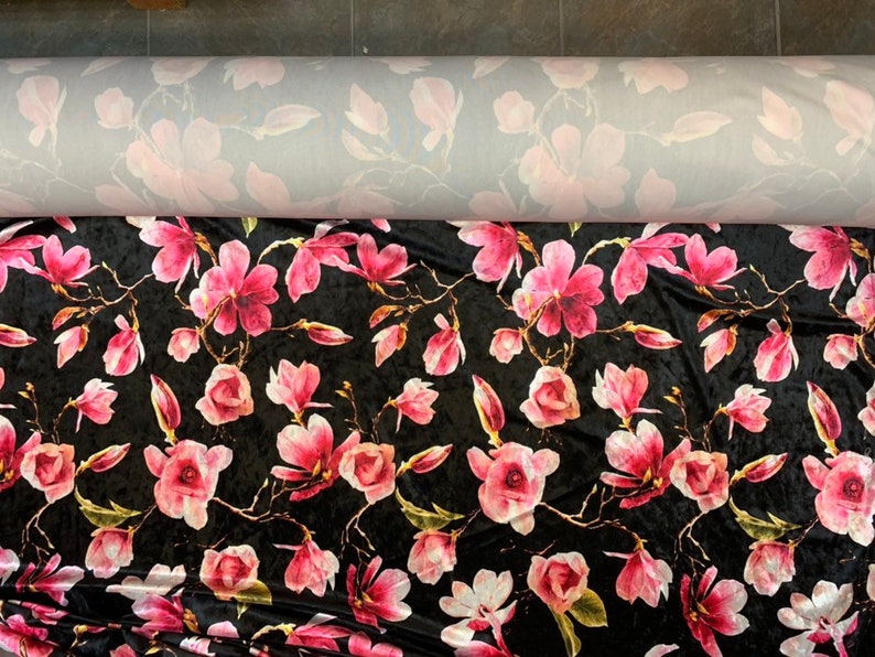 Magnolia Flowers Stretch Velvet Fabric Etsy