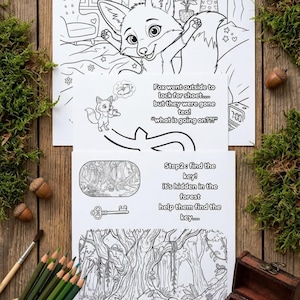 K&ouml;nnte beinhalten: Zwei Schwarz-Wei&szlig;-Malvorlagen mit einem Cartoon-Fuchs. Eine Seite zeigt den Fuchs in einem Schlafzimmer, die andere den Fuchs und einen Affen in einem Wald. Der Text enth&auml;lt "Fox went outside to lock for shoet... but they were gone teo!" und "Step2: find the key!"