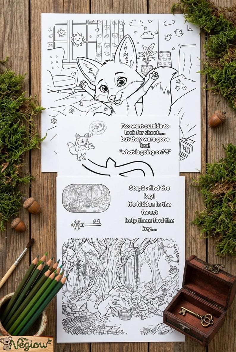 K&ouml;nnte beinhalten: Zwei Schwarz-Wei&szlig;-Malvorlagen mit einem Cartoon-Fuchs. Eine Seite zeigt den Fuchs in einem Schlafzimmer, die andere den Fuchs und einen Affen in einem Wald. Der Text enth&auml;lt "Fox went outside to lock for shoet... but they were gone teo!" und "Step2: find the key!"