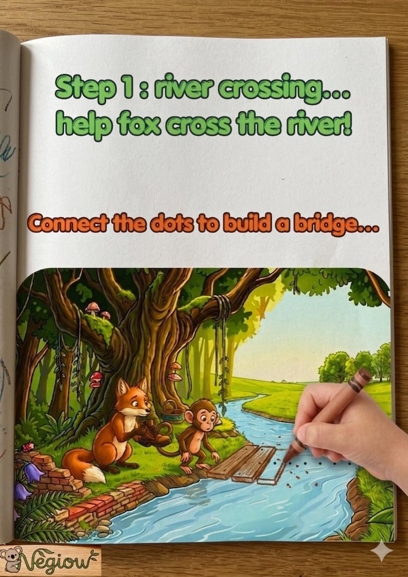 K&ouml;nnte beinhalten: Seite eines Kinder-Aktivit&auml;tsbuchs mit dem Text "Schritt 1: Fluss&uuml;berquerung... hilf dem Fuchs, den Fluss zu &uuml;berqueren!" und "Verbinde die Punkte, um eine Br&uuml;cke zu bauen...". Die Illustration zeigt einen Fuchs und einen Affen in der N&auml;he eines Flusses.