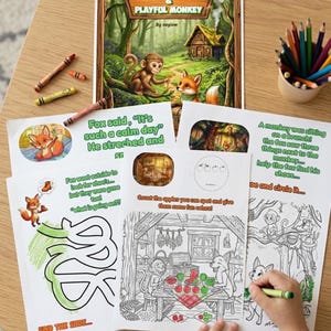 K&ouml;nnte beinhalten: Ein Malbuch f&uuml;r Kinder mit dem Titel "The Clever Fox & Playful Monkey" mit einem Waldmotiv auf dem Cover. Mehrere Malvorlagen mit Illustrationen eines Fuchses und eines Affen sind sichtbar, zusammen mit Buntstiften. Ein Kind malt eine Seite mit einem gr&uuml;nen Buntstift aus.