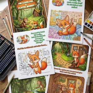 K&ouml;nnte beinhalten: Eine Sammlung von Malbuchseiten f&uuml;r Kinder mit einem cleveren Fuchs und einem verspielten Affen. Die Seiten enthalten Illustrationen des Fuchses in verschiedenen Szenen, mit Textaufforderungen wie "Finde die Zahnb&uuml;rste und male sie rot..."