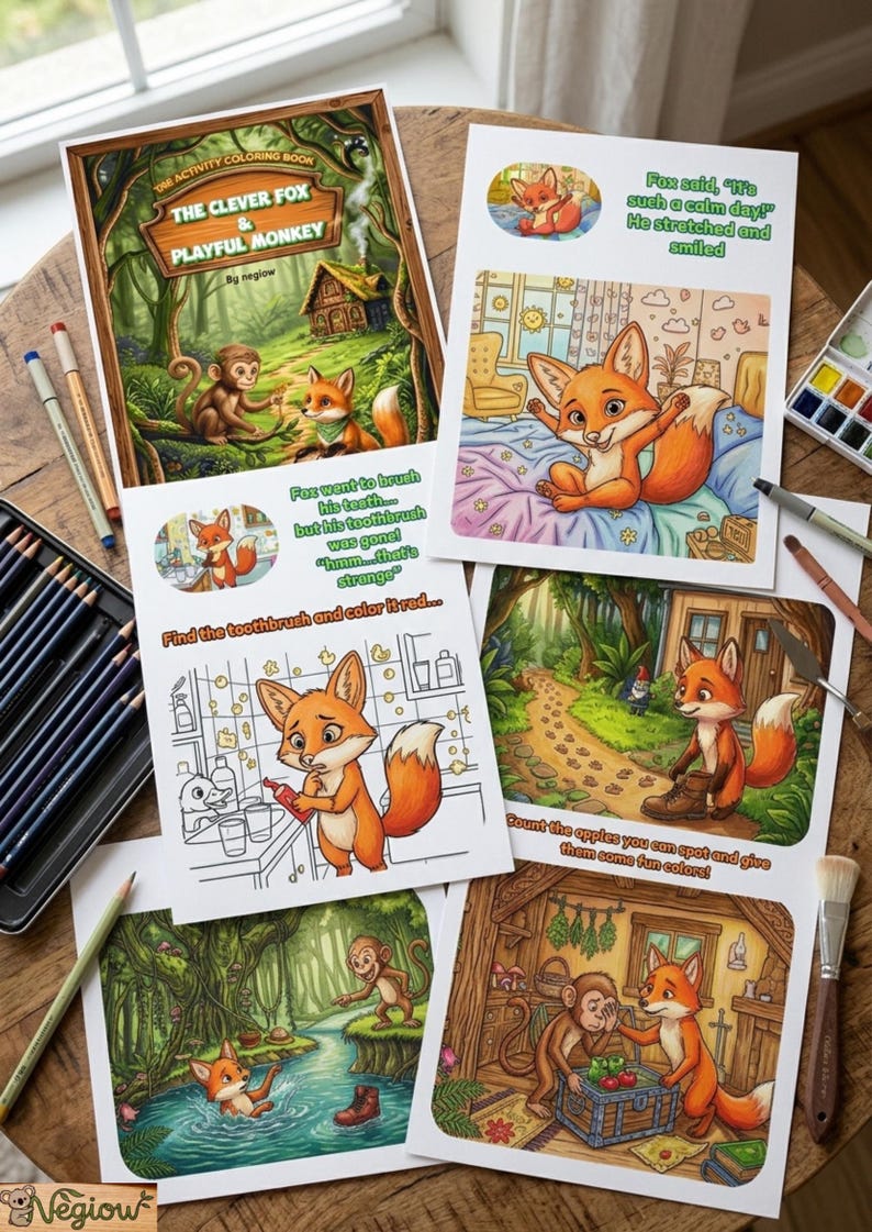 K&ouml;nnte beinhalten: Eine Sammlung von Malbuchseiten f&uuml;r Kinder mit einem cleveren Fuchs und einem verspielten Affen. Die Seiten enthalten Illustrationen des Fuchses in verschiedenen Szenen, mit Textaufforderungen wie "Finde die Zahnb&uuml;rste und male sie rot..."