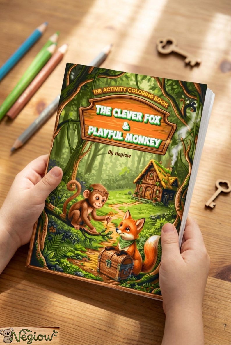 K&ouml;nnte beinhalten: Ein Malbuch f&uuml;r Kinder mit dem Titel "The Clever Fox & Playful Monkey" wird ge&ouml;ffnet gehalten und zeigt eine farbenfrohe Illustration von Fuchs, Affe und Schatzkiste. Buntstifte und ein Holzschl&uuml;ssel sind ebenfalls zu sehen.