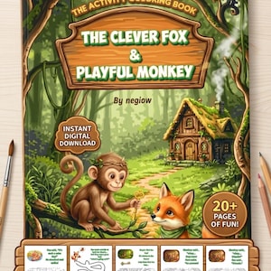 Puede incluir: Un libro de actividades para colorear para niños titulado "The Clever Fox & Playful Monkey" con un tema de bosque. La portada presenta un mono, un zorro y una casa. Incluye páginas para colorear, laberintos, rompecabezas y más. Descarga digital instantánea.