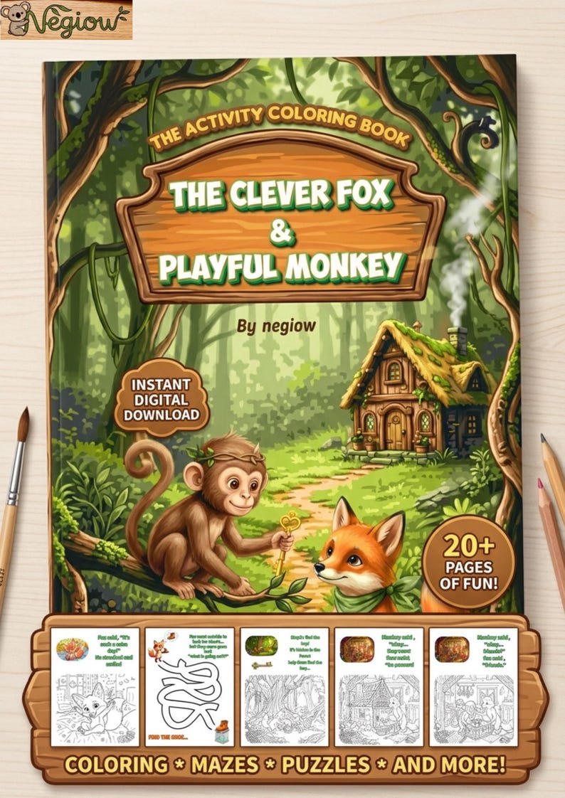 K&ouml;nnte beinhalten: Ein Kinder-Aktivit&auml;ts-Malbuch mit dem Titel "The Clever Fox & Playful Monkey" mit Waldthema. Das Cover zeigt einen Affen, einen Fuchs und ein Haus. Enth&auml;lt Malvorlagen, Labyrinthe, Puzzles und mehr. Sofortiger digitaler Download.