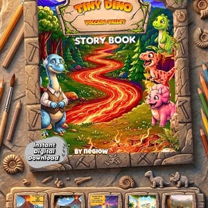 May include: A digital storybook titled Tiny Dino Volcano Valley featuring a colorful illustration of a volcano, lava flow, and various dinosaurs. The cover includes the text 20 Pages of Adventure and Instant Digital Download. The book is framed by a stone-like border with five smaller preview panels at the bottom.