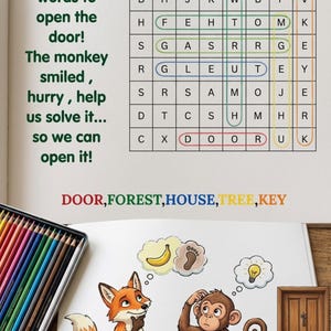 K&ouml;nnte beinhalten: Seite eines Kinder-Aktivit&auml;tsbuchs mit einem Suchsel-R&auml;tsel und Illustrationen. Im R&auml;tsel sind W&ouml;rter wie DOOR und FOREST markiert. Ein Fuchs und ein Affe sind abgebildet, zusammen mit einer T&uuml;r, einer Banane, einem Fu&szlig;abdruck und einer Gl&uuml;hbirne.