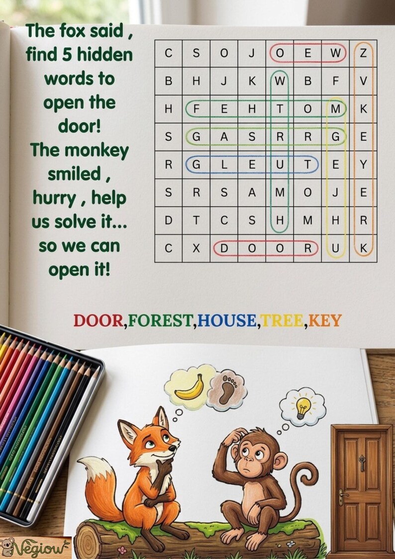 K&ouml;nnte beinhalten: Seite eines Kinder-Aktivit&auml;tsbuchs mit einem Suchsel-R&auml;tsel und Illustrationen. Im R&auml;tsel sind W&ouml;rter wie DOOR und FOREST markiert. Ein Fuchs und ein Affe sind abgebildet, zusammen mit einer T&uuml;r, einer Banane, einem Fu&szlig;abdruck und einer Gl&uuml;hbirne.